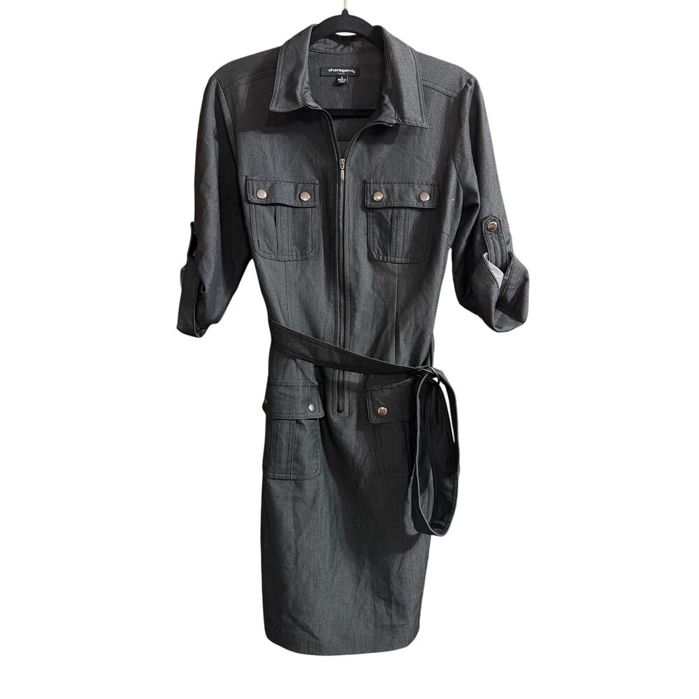 Sharagano Women's Gray Cargo Zip Belted Utility Shirt Dress Size 8